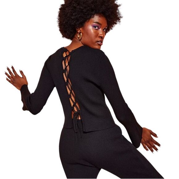 ROYALTY By MALUMA Orange Ribbed Flare Long Sleeves Lace-Up Back Top Small - Picture 2 of 11